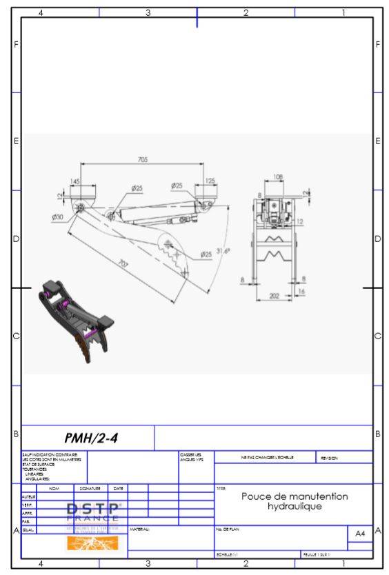 Pouce de manutention hydraulique pour mini pelle de 2-4T modèle PMH24